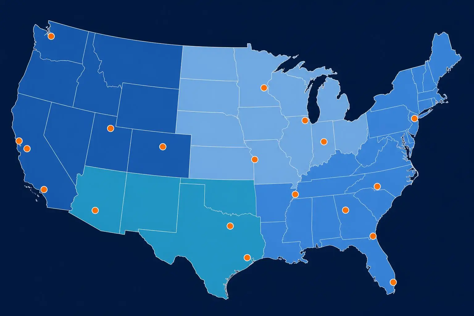 CoreBox USA nationwide coverage map with our depot network across 5 regions